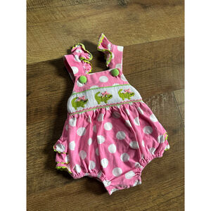 Girls Smocked or Not Bodysuit 3 Months Pink Green Alligator Polka Dot